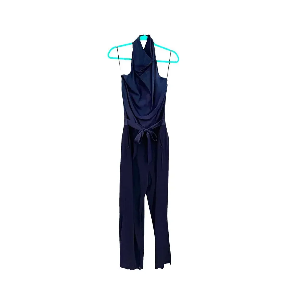 Reiss Corina Halter Neck Wide Leg Jumpsuit Night Navy Tie Waist US 10